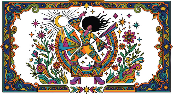 Colorful illustration of dancing figure with floral and celestial motifs