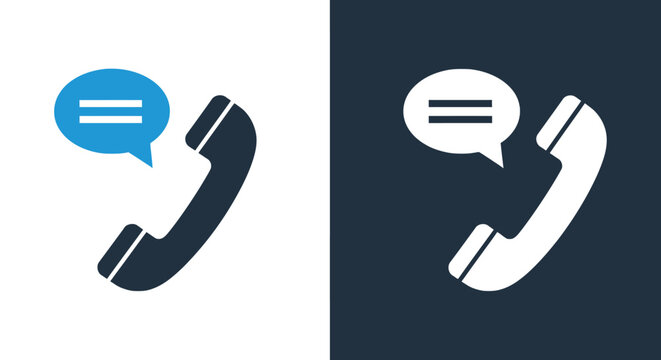 Phone receiver and speech bubble icon set on white and dark backgrounds.