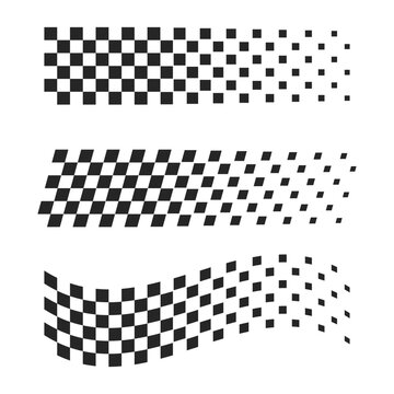 Flying checkered racing flags in various styles, isolated on a transparent background. Ideal for motorsport themes, textiles, banners, and designs. Classic black-and-white diagonal vector pattern