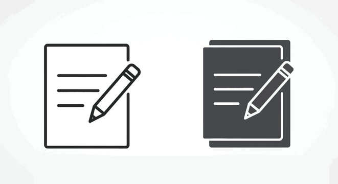 Minimalistic document and writing pencil icon set featuring vector line art graphic design symbols for note taking or editing text in a simple digital interface.