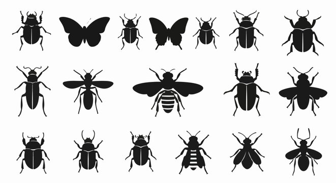 Collection of stylized black silhouettes of various insects, including beetles and butterflies