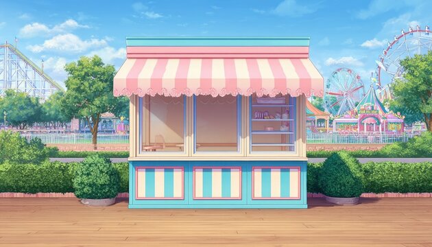 An empty amusement park concession stand with rides in the background