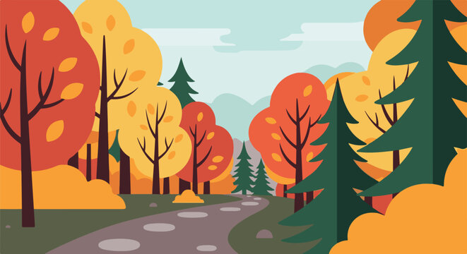 Autumn park path winds through vibrant trees with red, orange, and yellow foliage