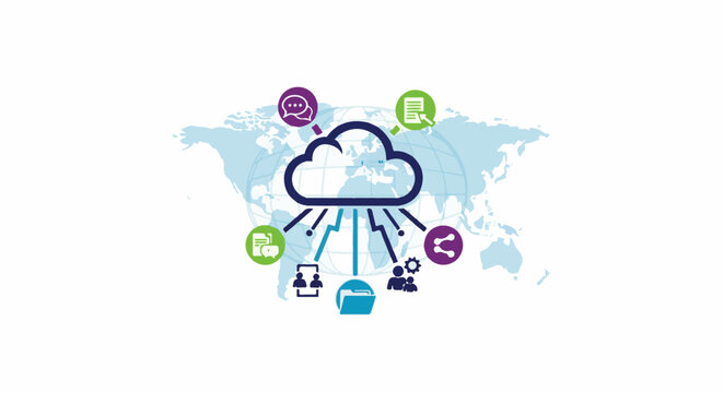 Global digital network connecting users, files, and communication icons