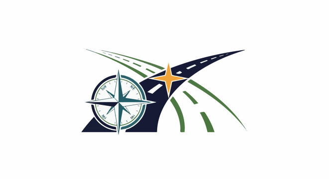 Compass rose and star guide diverging roads with green accents on white