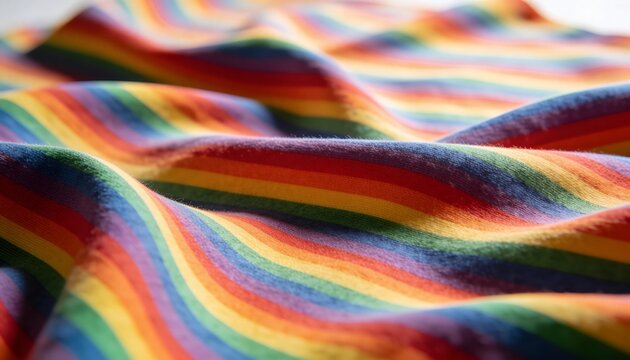 Displaying rainbow-striped knit fabric folding in close-up under soft left light, showing weave