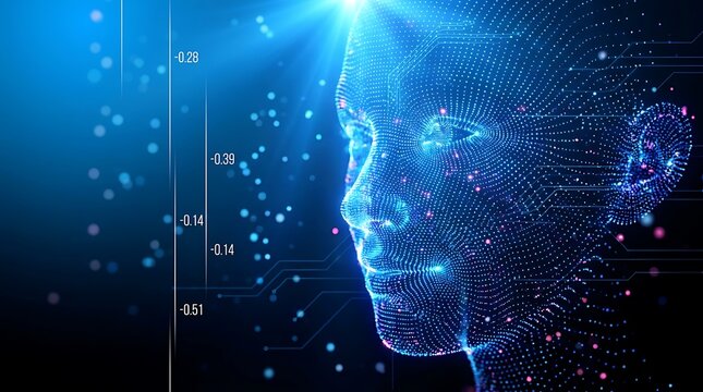 Blue digital point cloud human face with glowing lights abstract artificial