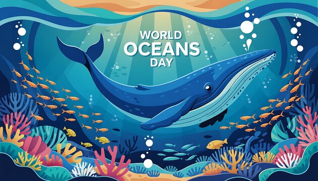 World oceans day illustration with a large blue whale and colorful coral reef