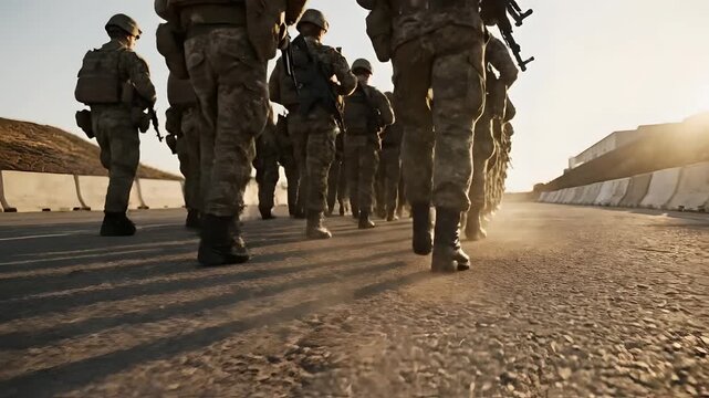 Soldiers marching in formation at sunset, low angle shot of boots on pavement, tactical military gear, army infantry parade for Memorial Day honor and veterans service concept.