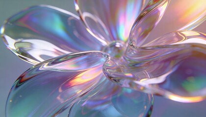 Obraz premium Shimmering translucent glass flower refracting iridescent light on studio table, with central hub