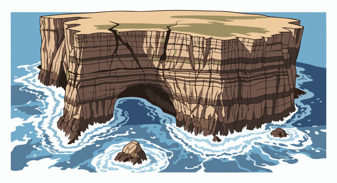 Majestic sea stack with arch carved by waves. Cliffs rise from ocean
