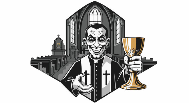 Sinister clergyman in dark church, holding ornate goblet