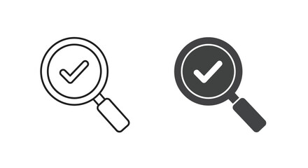 Magnifying glass with check mark icon set on white background representing verified search result or successful inspection in thin line and solid glyph style. © Bappy