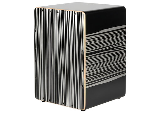 Modern wooden cajon drum with black and white striped graphic design isolated on transparent background
