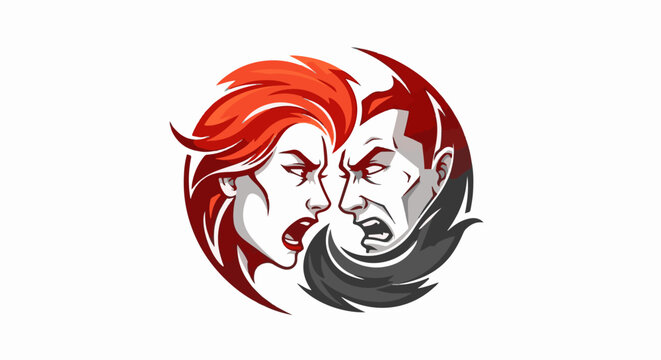 Stylized heads of a woman and man in conflict, with flowing hair