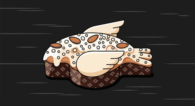 Pixelated winged dessert with almonds and frosting on patterned base
