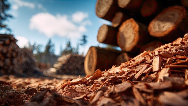 Close-up of freshly cut wood logs and wood chips in a forest logging site.