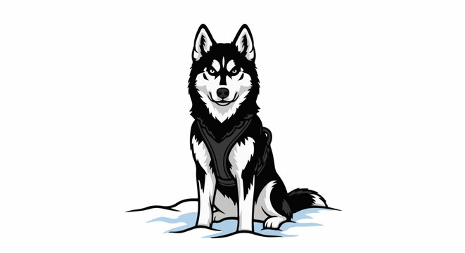 Stylized husky dog with piercing eyes and dark harness sits in snow