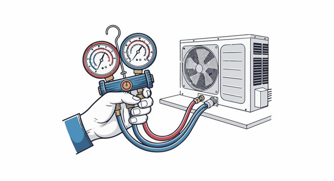 Hand holds gauges to check AC unit