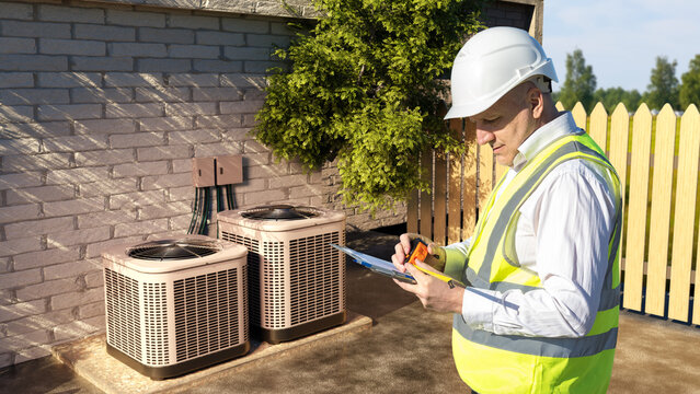 HVAC service, Residential maintenance. Technician in safety vest records data while inspecting outdoor air conditioning units near building wall.