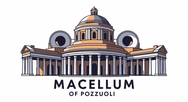 Stylized illustration of a grand domed building with columns and two prominent circular architectural elements