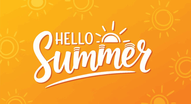 Hello summer lettering on bright orange background with sun patterns and sunshine rays for seasonal greeting cards or marketing posters with sunny vibes.