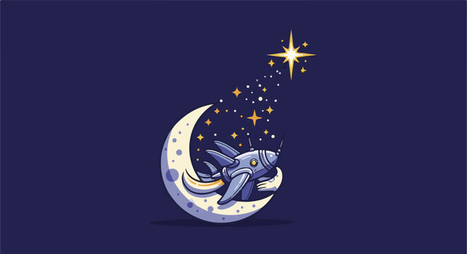 Cute pixel art rocket resting on a crescent moon with a trail of stars