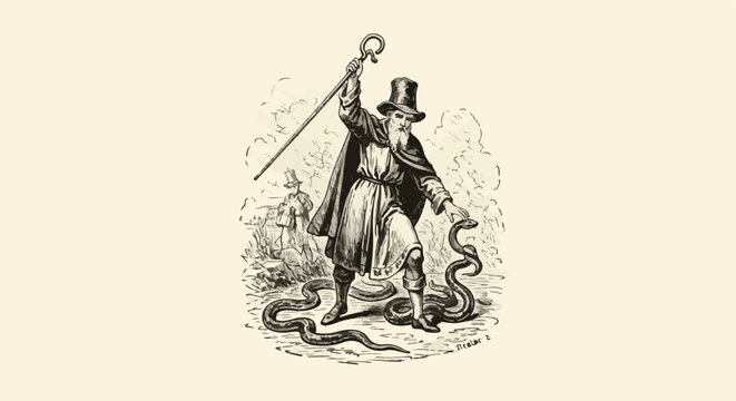 Man in top hat and cape holds staff, taming snakes, with another man in background
