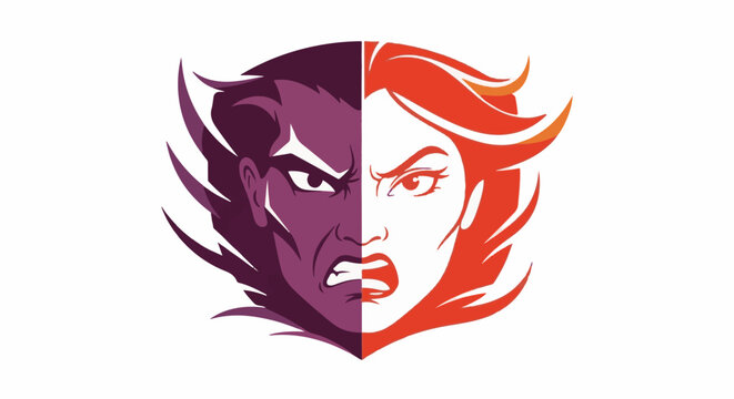 Split faces, one male, one female, conveying anger and determination through stark colors and sharp lines