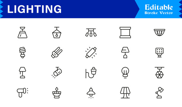 Lighting Equipment and Fixture Icons &ndash; Professional Line Icon Set with Minimal and Editable Style