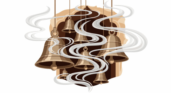Many metallic bells hang in an arched recess, with wisps of white smoke curling around them