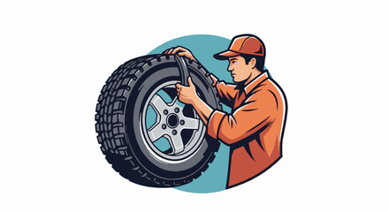 Obraz premium Mechanic in orange workwear adjusts a car tire, rendered in bold cartoon style