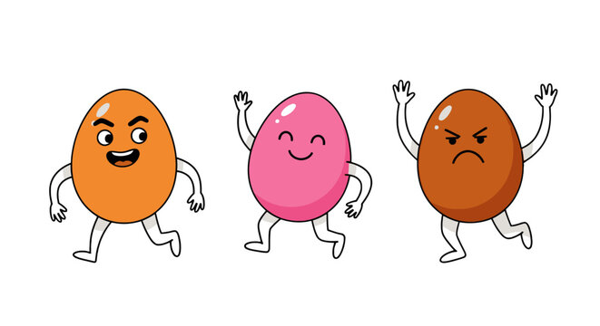 Funny egg cartoon characters with different facial expressions, cute anthropomorphic eggs set, happy and angry egg mascots for food branding