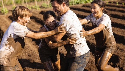 Fototapeta premium Playing dad and three kids splashing mud in field with furrows, wearing light shirts and shorts