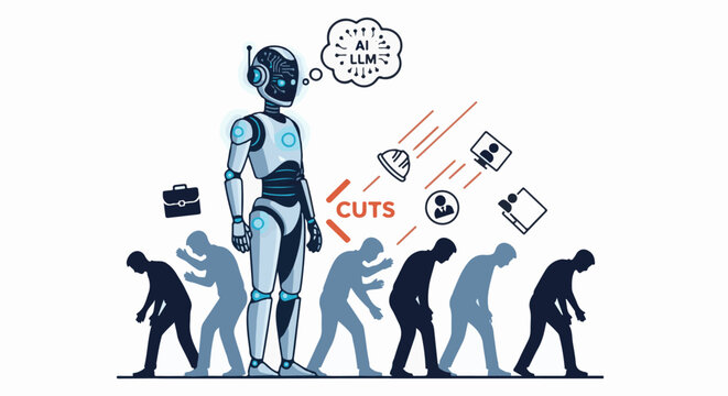 Robot symbolizes AI and LLM advancements, while people silhouettes appear to be losing their jobs