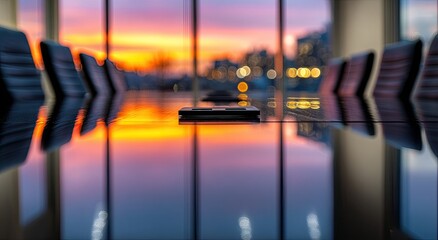 Conference room with sunset view, reflects the colorful sky