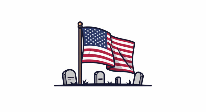 Stylized American flag flies over a graveyard with tombstones