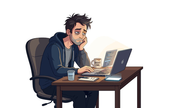 A tired, unshaven man with messy hair leans his head on his hand while staring blankly at a laptop screen, surrounded by a coffee mug and a smartphone, illustrating the struggle of late-night work.