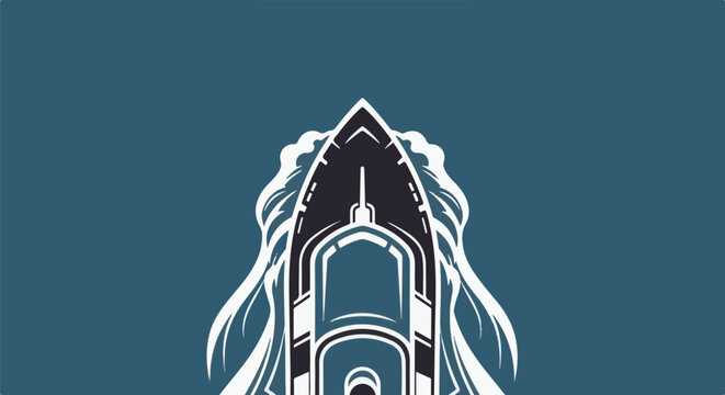 Minimalist graphic of a dark boat prow with stylized white waves on a teal background