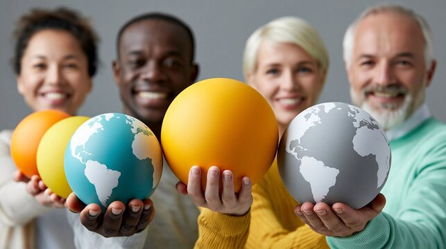 Vier &auml;ltere und j&uuml;ngere Menschen unterschiedlicher Herkunft halten jeweils einen Globus in der Hand und l&auml;cheln in die Kamera.