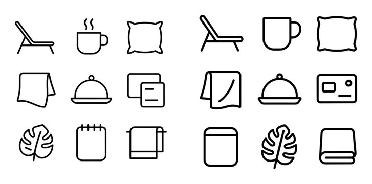 relaxation and bedding concept icons with chair, pillow and towel for web design in minimal outline style