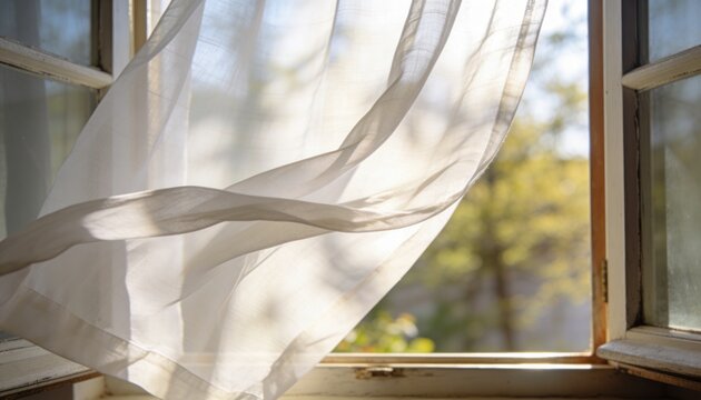 Billowing sheer white curtain catching light in sunlit room opening onto garden, with metal latch