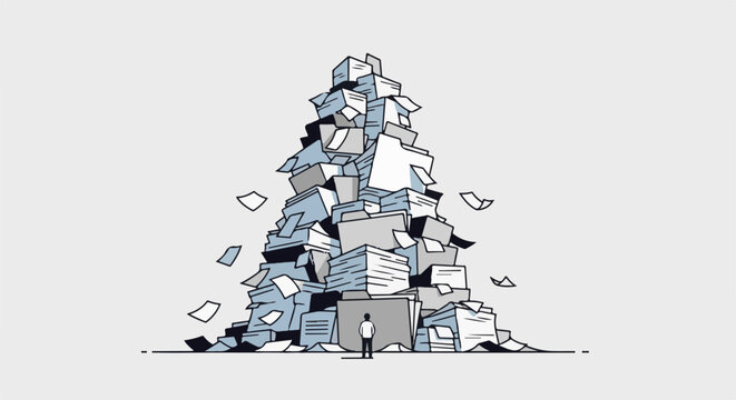 Minimalist illustration of a person facing a towering pile of documents and papers
