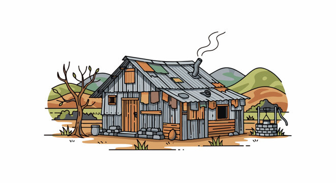 Dilapidated tin shack with a well, bare tree, and rolling hills in the background