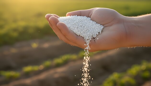 Hand Pouring White Granular Fertilizer on Farm Field Soil for Agriculture and Crop Growth Concept