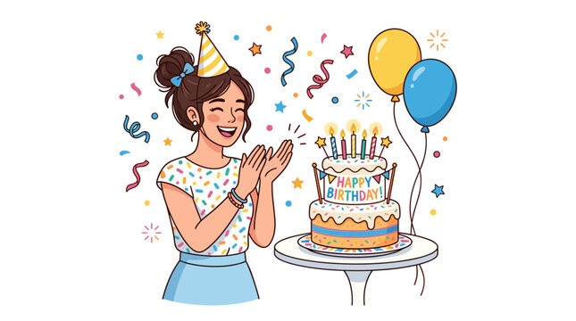 A jubilant young woman wearing a birthday hat claps her hands with delight in front of a beautifully decorated two-tiered birthday cake adorned with lit candles and confetti.