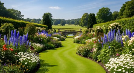 Obraz premium Curving green lawn corridor framed by tall hedges and lavish flower borders flows toward a charming stone bridge and expansive parkland, embodying the elegant serenity and classic beauty of a grand hi