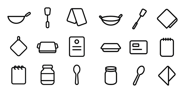 kitchen and cooking UI elements with wok, spatula and jar for presentation design in minimal outline style