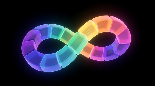 Infinity symbol made of translucent rainbow colored blocks on black endless loop