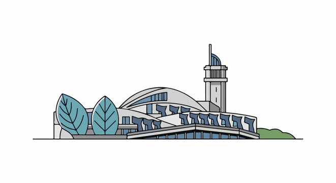 Modern abstract building with curved roofline and tall tower, bordered by foliage